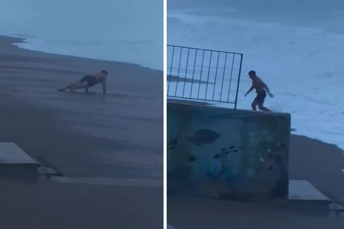 Sahilde şınav çekerken 2 metrelik dalgaları görünce koşarak kaçtı