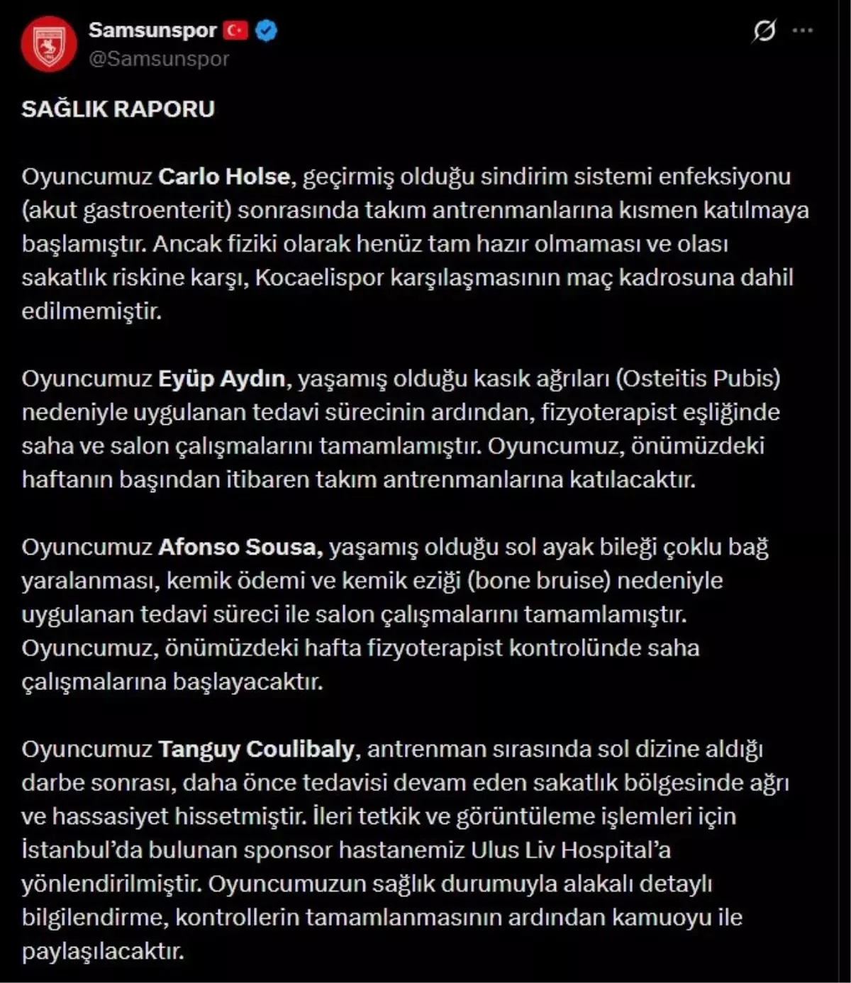 Samsunspor\'da 4 Oyuncu Sakat