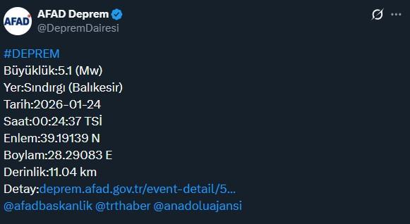 Balıkesir'de 5.1 büyüklüğünde deprem