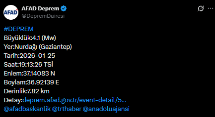 Gaziantep'te 4.1 büyüklüğünde deprem