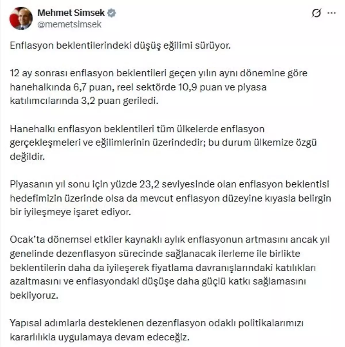 Bakan Şimşek: Enflasyon Beklentileri İyileşiyor