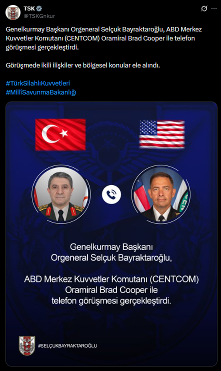 Genelkurmay Başkanı Orgeneral Bayraktaroğlu, CENTCOM Komutanı Oramiral Brad Cooper ile görüştü Genelkurmay Başkanı Orgeneral Bayraktaroğlu, CENTCOM Komutanı Oramiral Brad Cooper ile görüştü