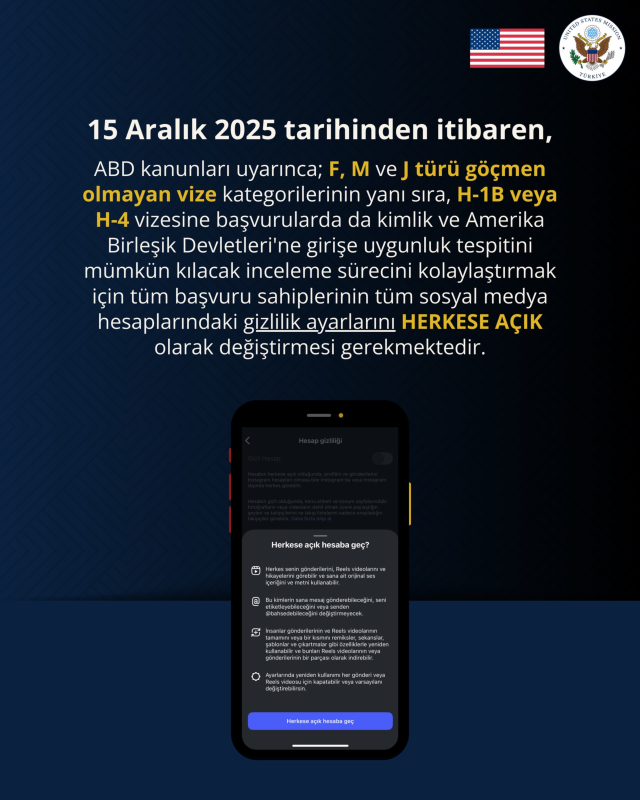 ABD'den yeni şart! Sosyal medya hesabı gizli olana vize yok ABD'den yeni şart! Sosyal medya hesabı gizli olana vize yok