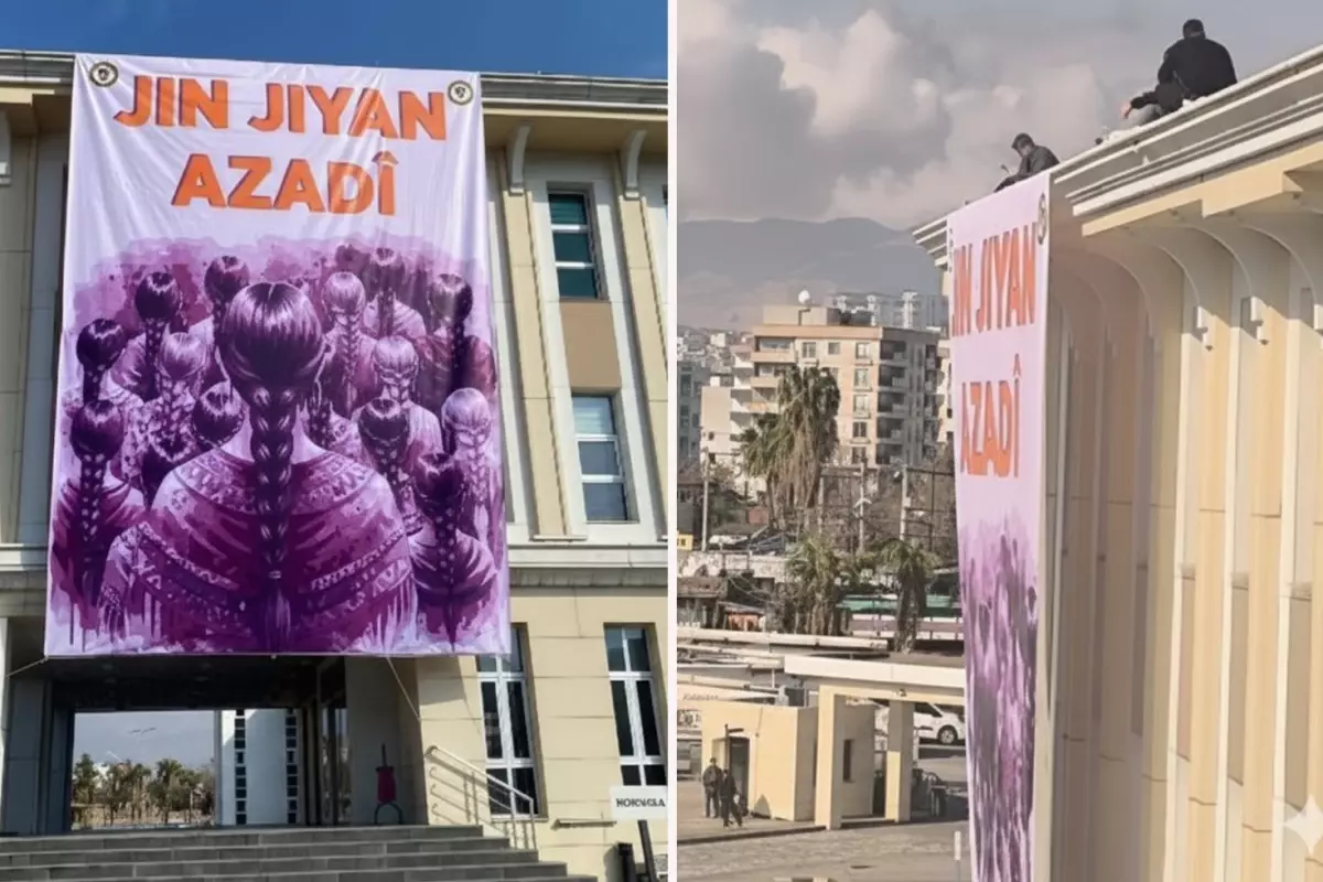 DEM Partili Cizre Belediyesi\'ne asılan pankartı polis indirdi