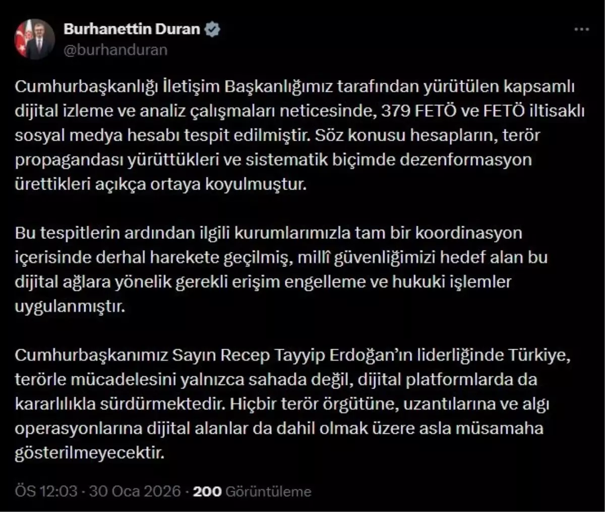 Cumhurbaşkanlığı İletişim Başkanlığı: 379 FETÖ ve FETÖ iltisaklı sosyal medya hesabı tespit edildi