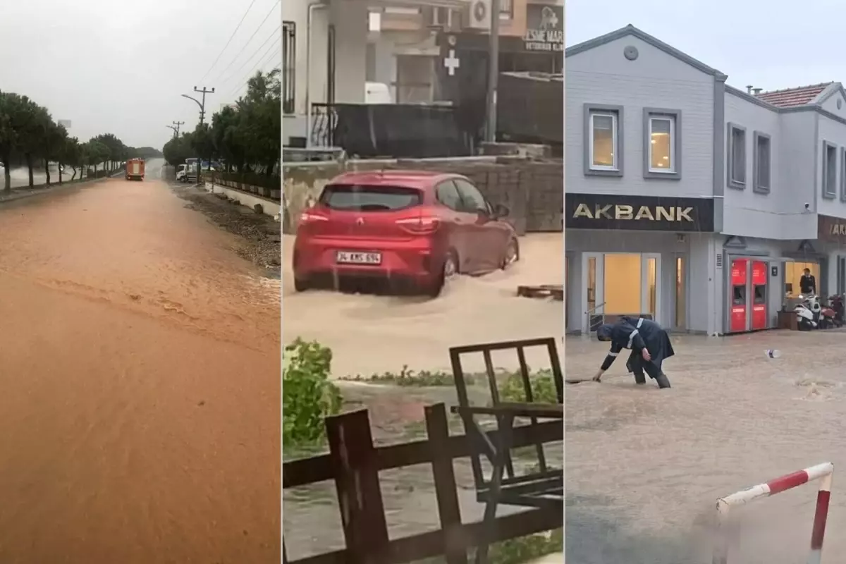 Sağanak sonrası Çeşme\'de denizle kara birleşti