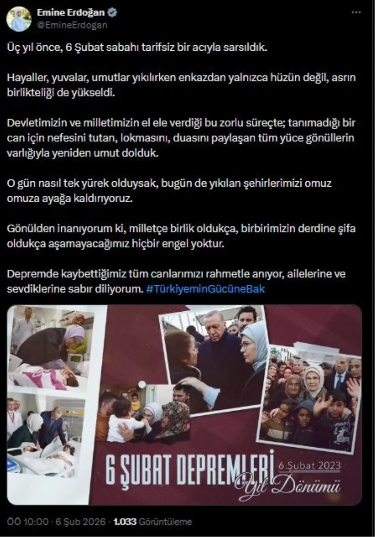 Emine Erdoğan, 6 Şubat depremlerinde hayatını kaybedenleri andı