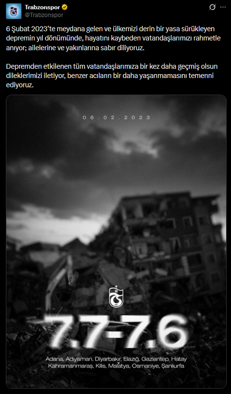 TFF ve spor kulüpleri, 6 Şubat depremlerinde hayatını kaybedenleri andı