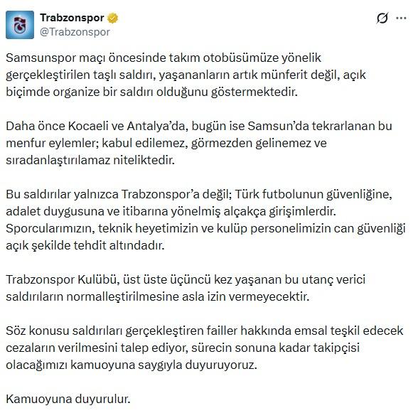 Samsun'da Trabzonspor takım otobüsüne taşlı saldırı: Sporcularımızın can güvenliği tehdit altında