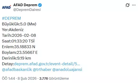 Akdeniz'de 5 büyüklüğünde deprem
