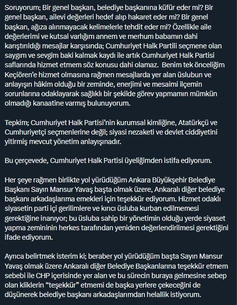 Keçiören Belediye Başkanı Mesut Özarslan, CHP'den istifa etti