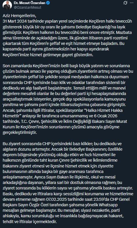 Keçiören Belediye Başkanı Mesut Özarslan, CHP'den istifa etti