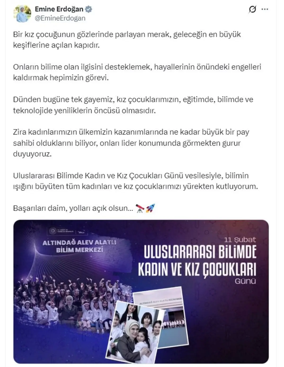 Emine Erdoğan\'dan \'Uluslararası Bilimde Kadın ve Kız Çocukları Günü\' paylaşımı