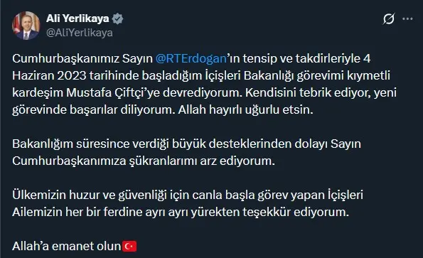 Görevden alınan Ali Yerlikaya'dan ilk açıklama: Mustafa Çiftçi'yi tebrik ediyorum