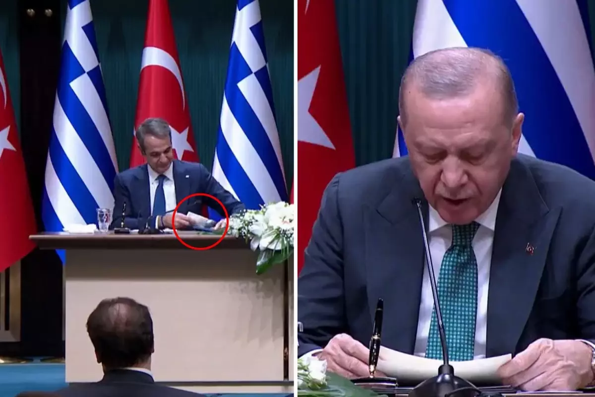 Cumhurbaşkanı Erdoğan\'la görüşen Miçotakis\'in hareketi basın toplantısına damga vurdu