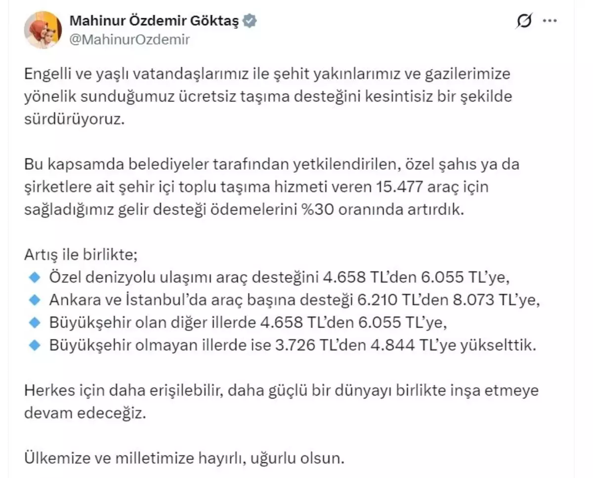 Bakan Göktaş: Ücretsiz taşıma desteğini yüzde 30 oranında artırdık