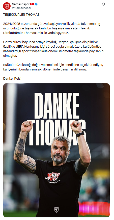 Samsunspor, Thomas Reis yollarını ayırdı
