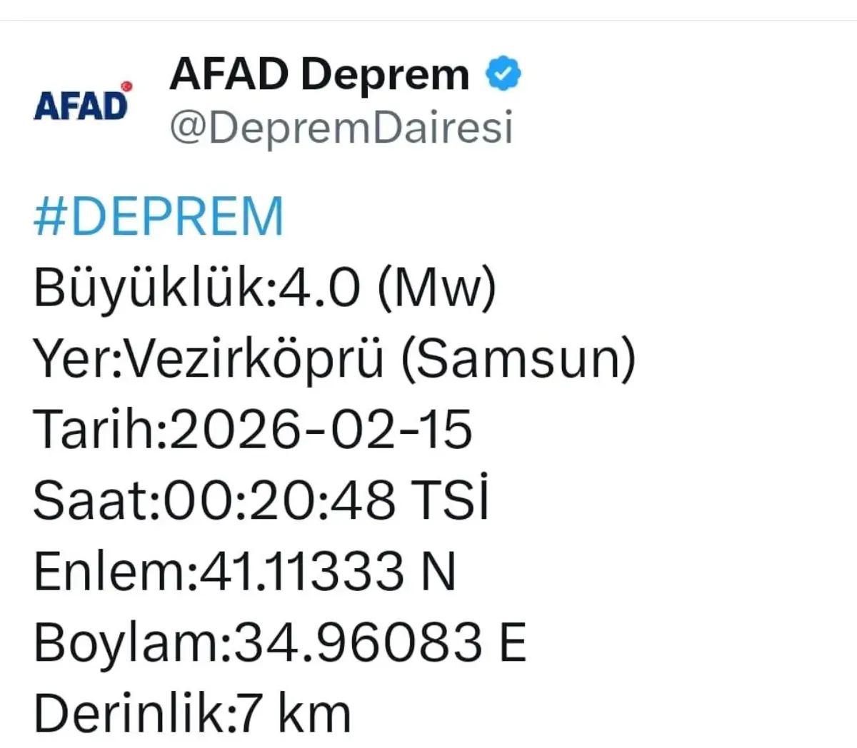 Vezirköprü\'de 4.0 Büyüklüğünde Deprem