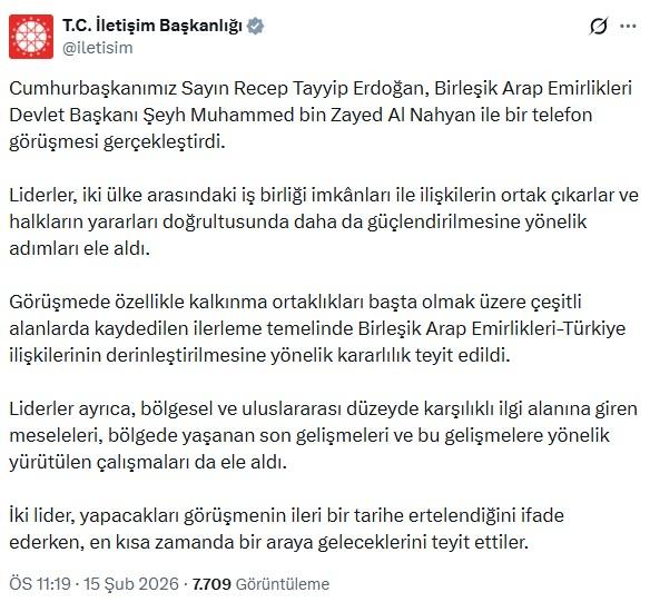Erdoğan, BAE Devlet Başkanı Nahyan ile görüştü