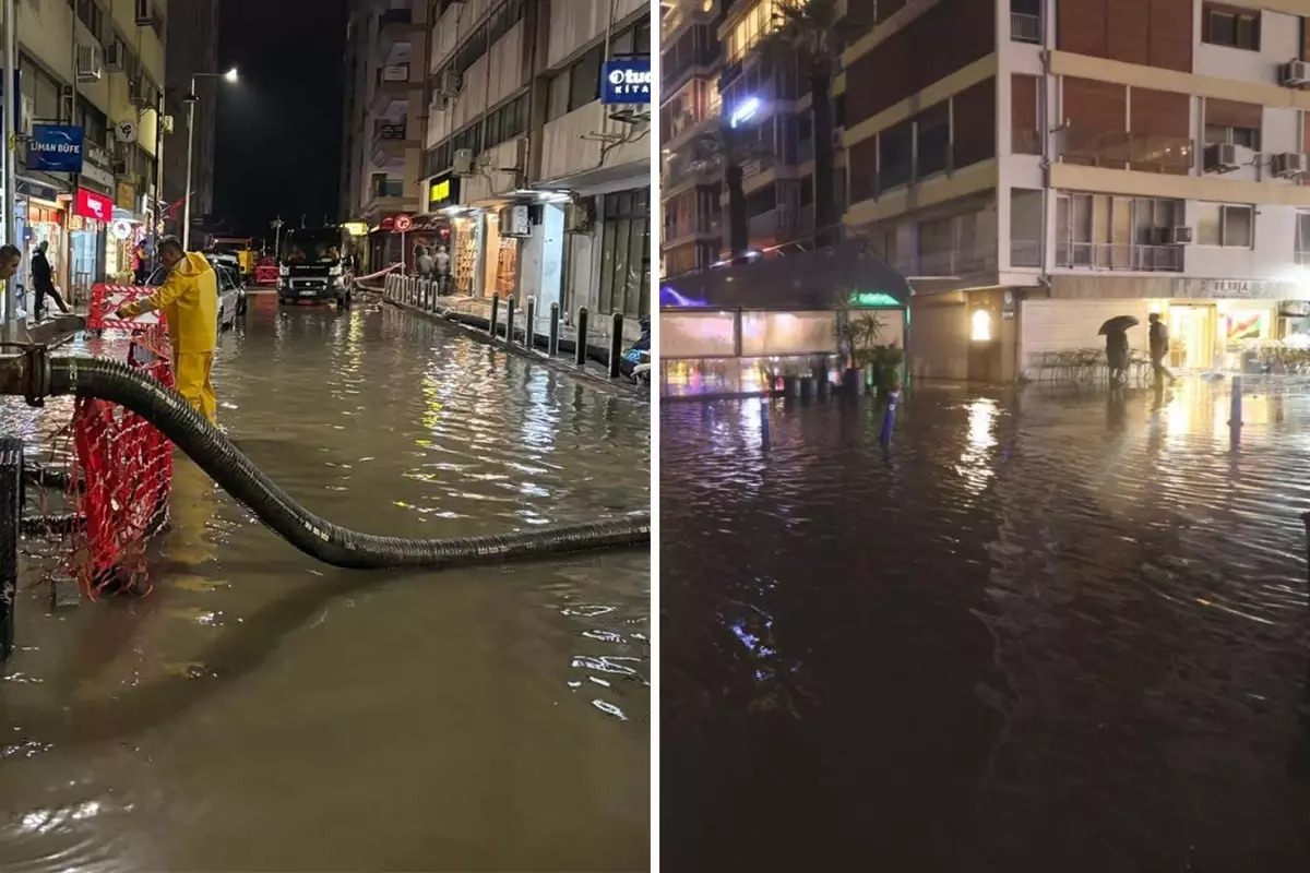 İzmir\'de sağanak yağışta cadde ve sokaklar göle döndü