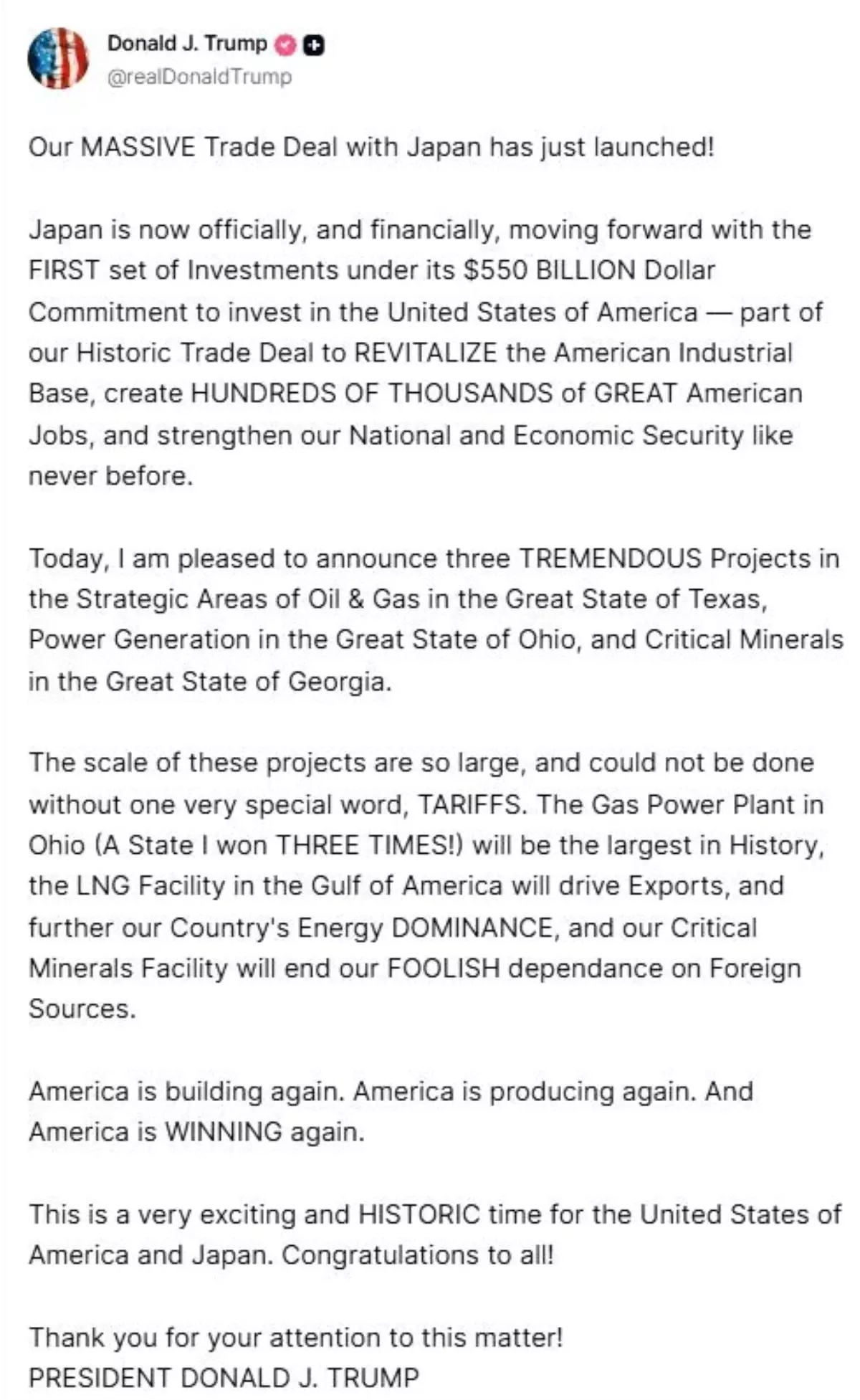 Trump\'tan Japonya ile 550 Milyar Dolarlık Yatırım