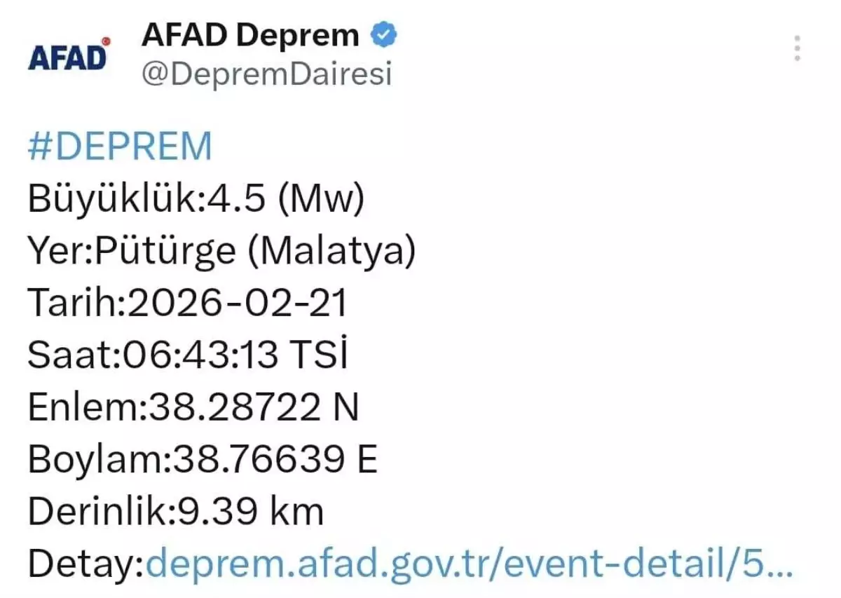 Malatya\'da 4.5 Büyüklüğünde Deprem