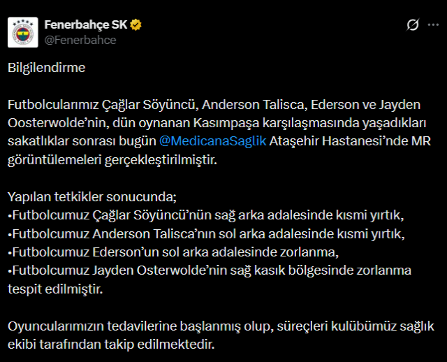 Fenerbahçe'de 4 futbolcudan kötü haber! Sakatlık durumları belli oldu