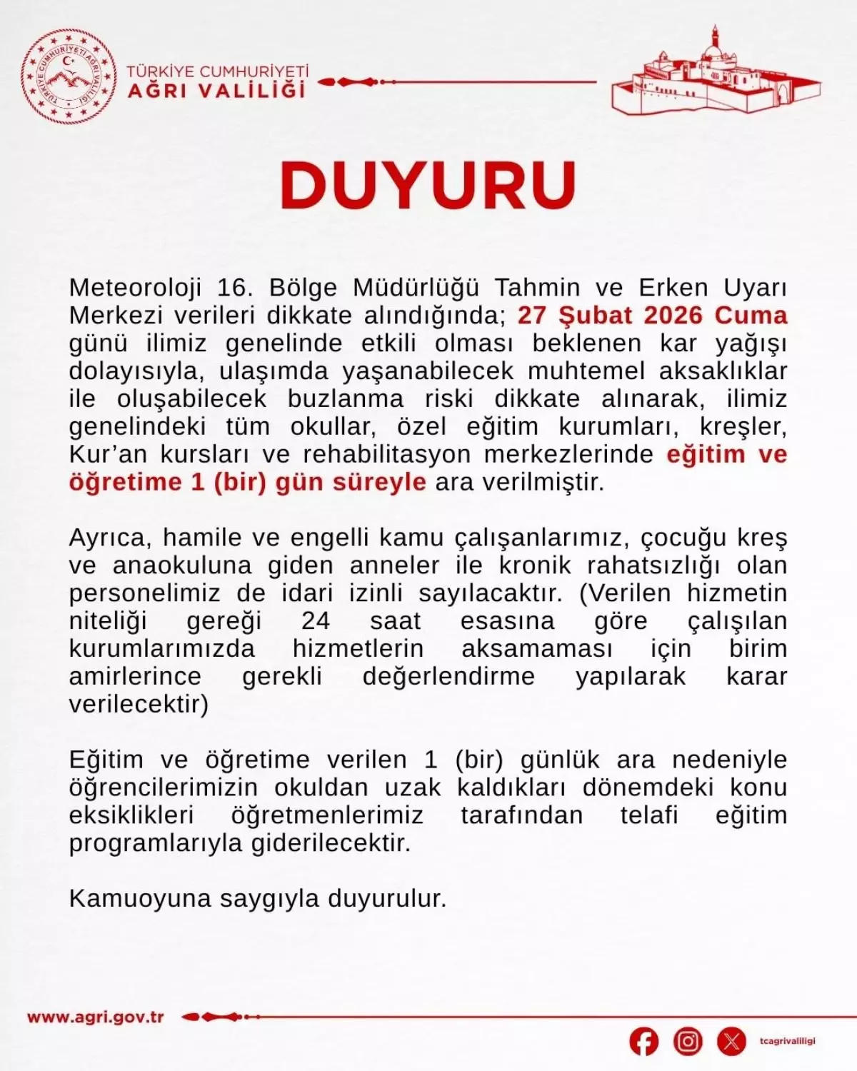 Ağrı\'da Eğitime Kar Nedeniyle Ara