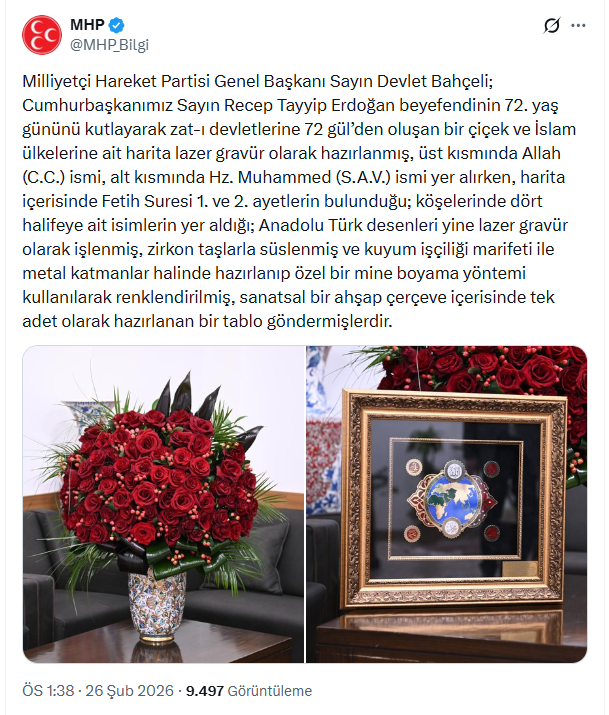 Bahçeli'den Cumhurbaşkanı Erdoğan'a anlamlı doğum günü hediyesi