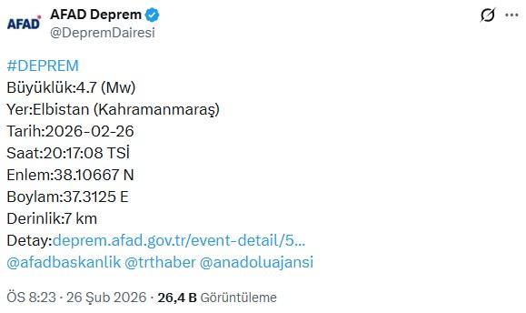 Kahramanmaraş'ta 4.7 büyüklüğünde deprem