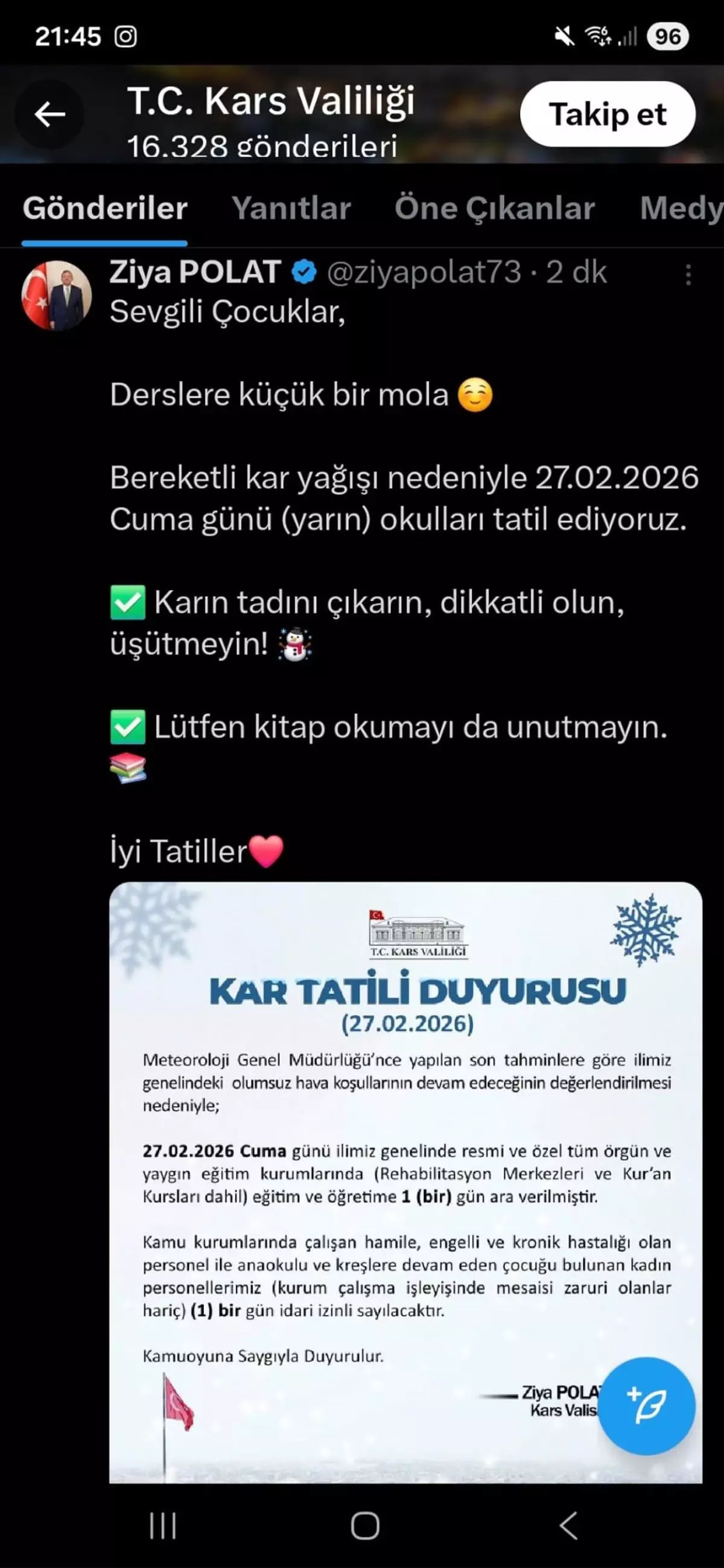Kars\'ta Okullara Kar Tatili