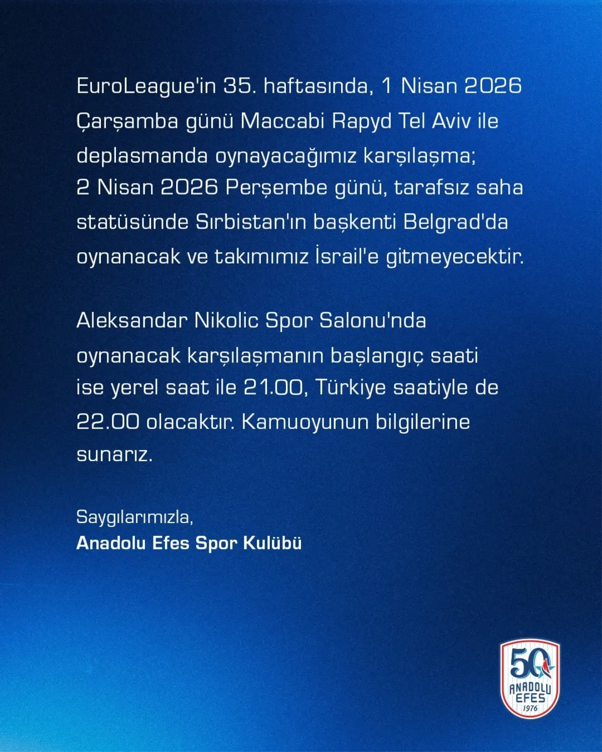 Efes - Maccabi Maçı Tarafsız Sahayla Oynanacak