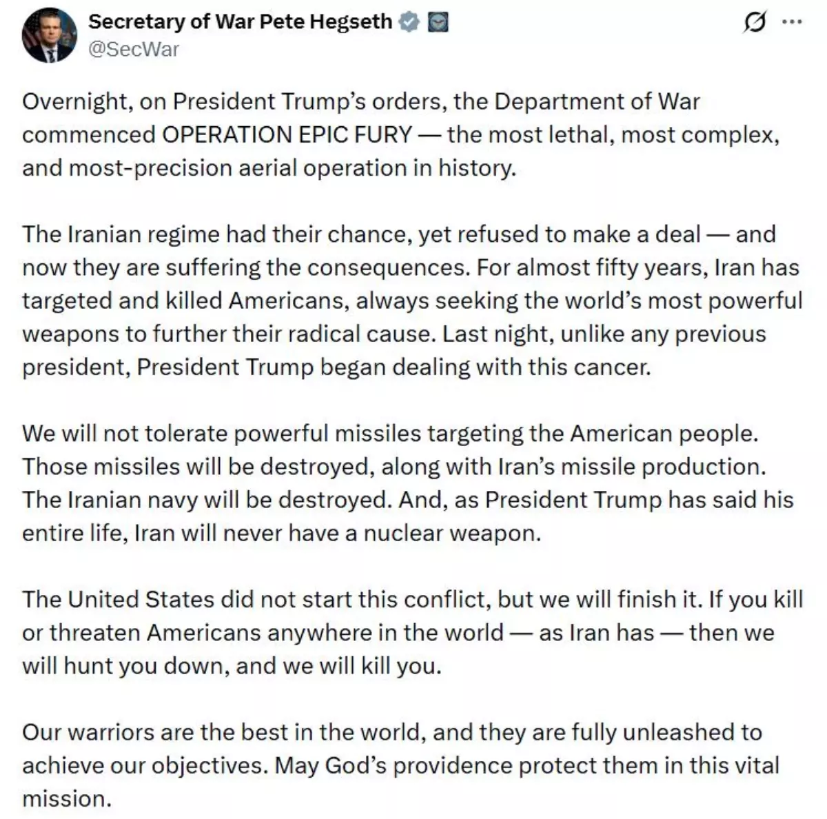 Hegseth: İran\'la çatışmayı biz başlatmadık, bitireceğiz