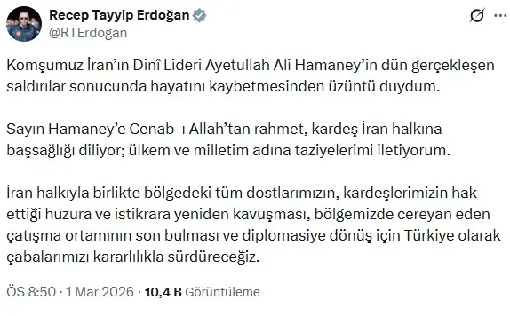 Cumhurbaşkanı Erdoğan'dan Hamaney mesajı