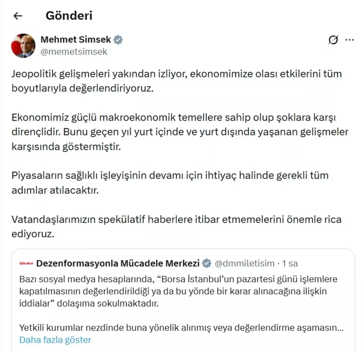 Bakan Şimşek\'ten Ekonomi Açıklaması