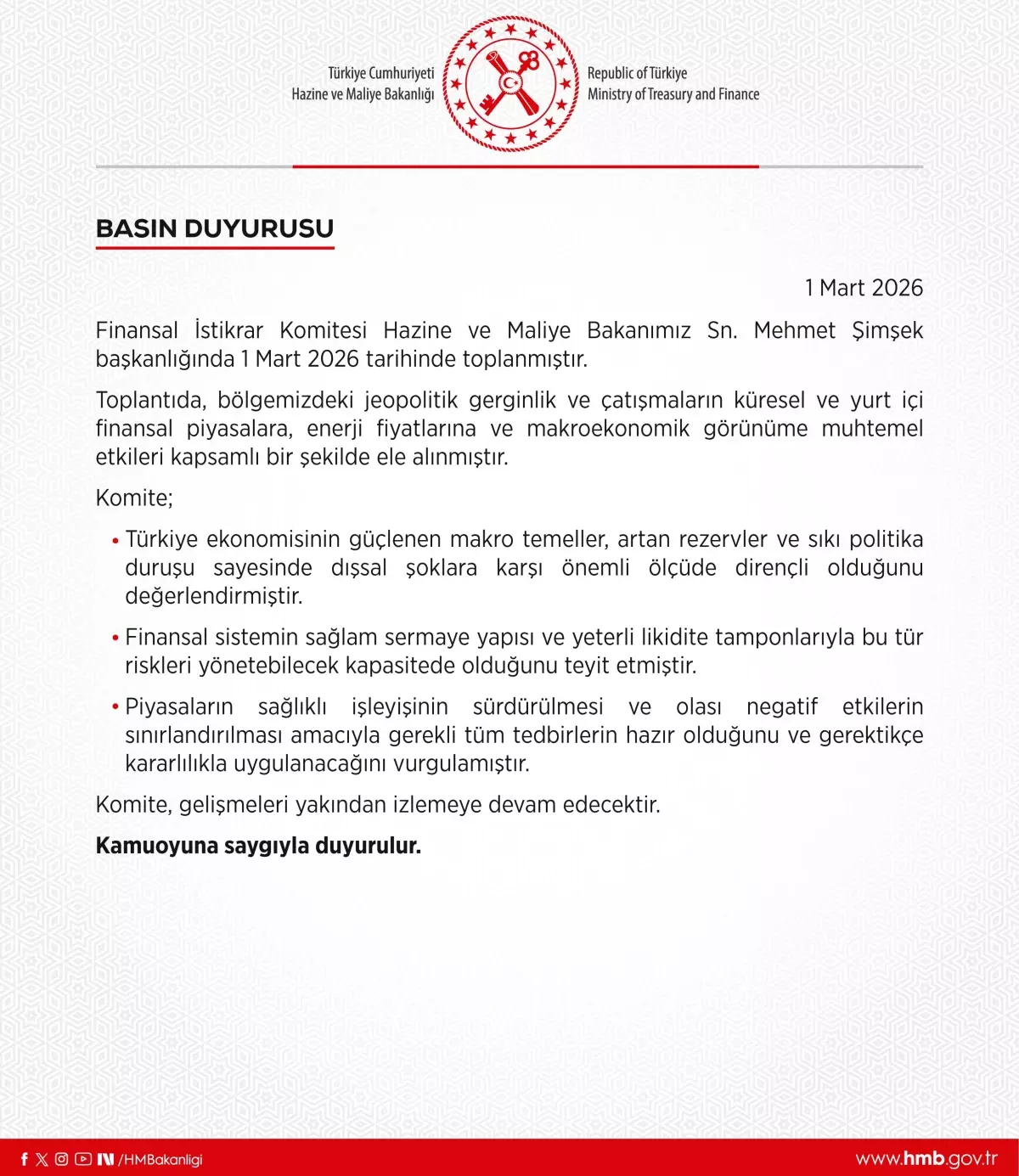 Finansal İstikrar Komitesi Toplandı