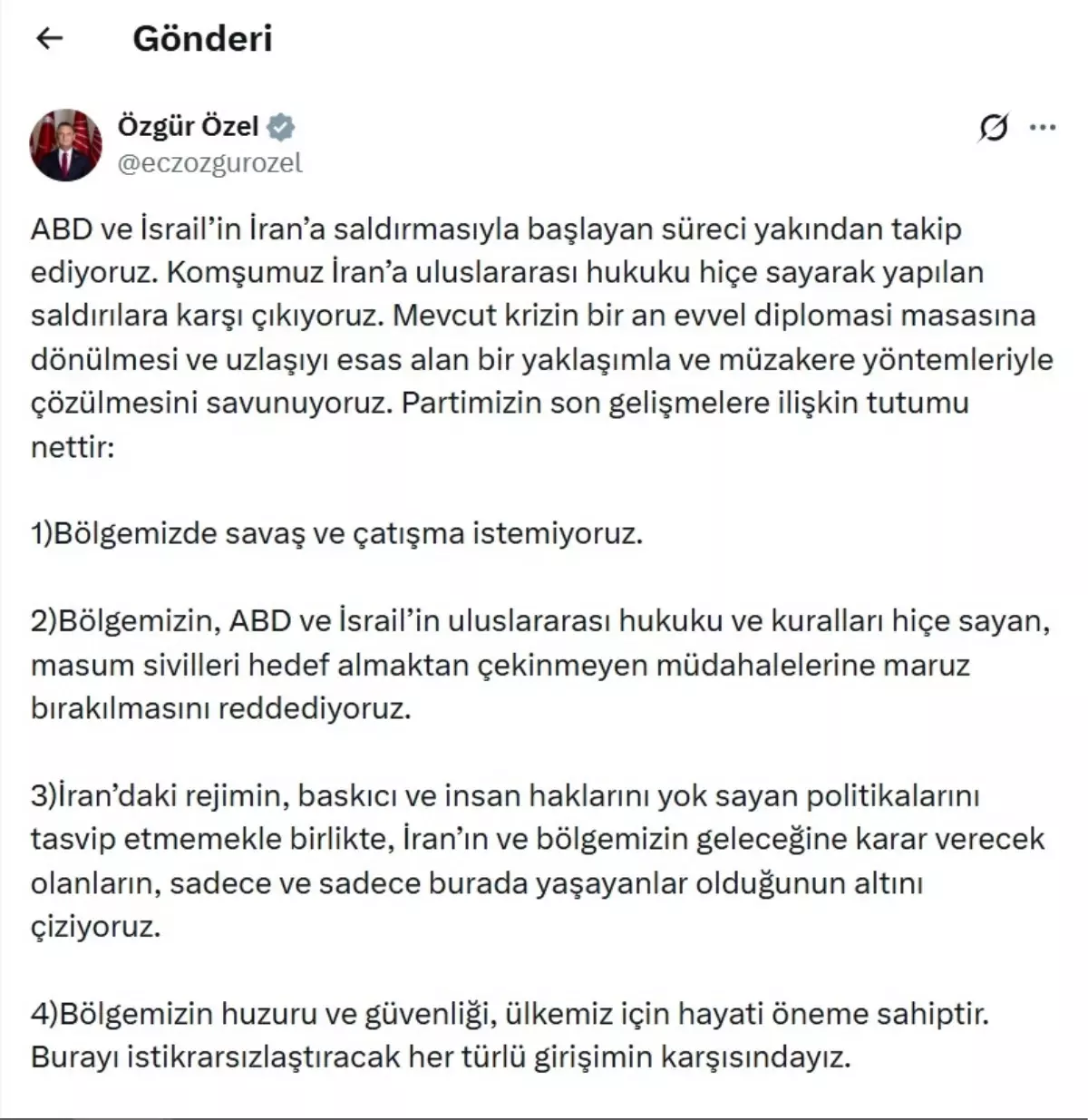 Özgür Özel\'den Savaş ve Çatışma İstemiyoruz Vurgusu