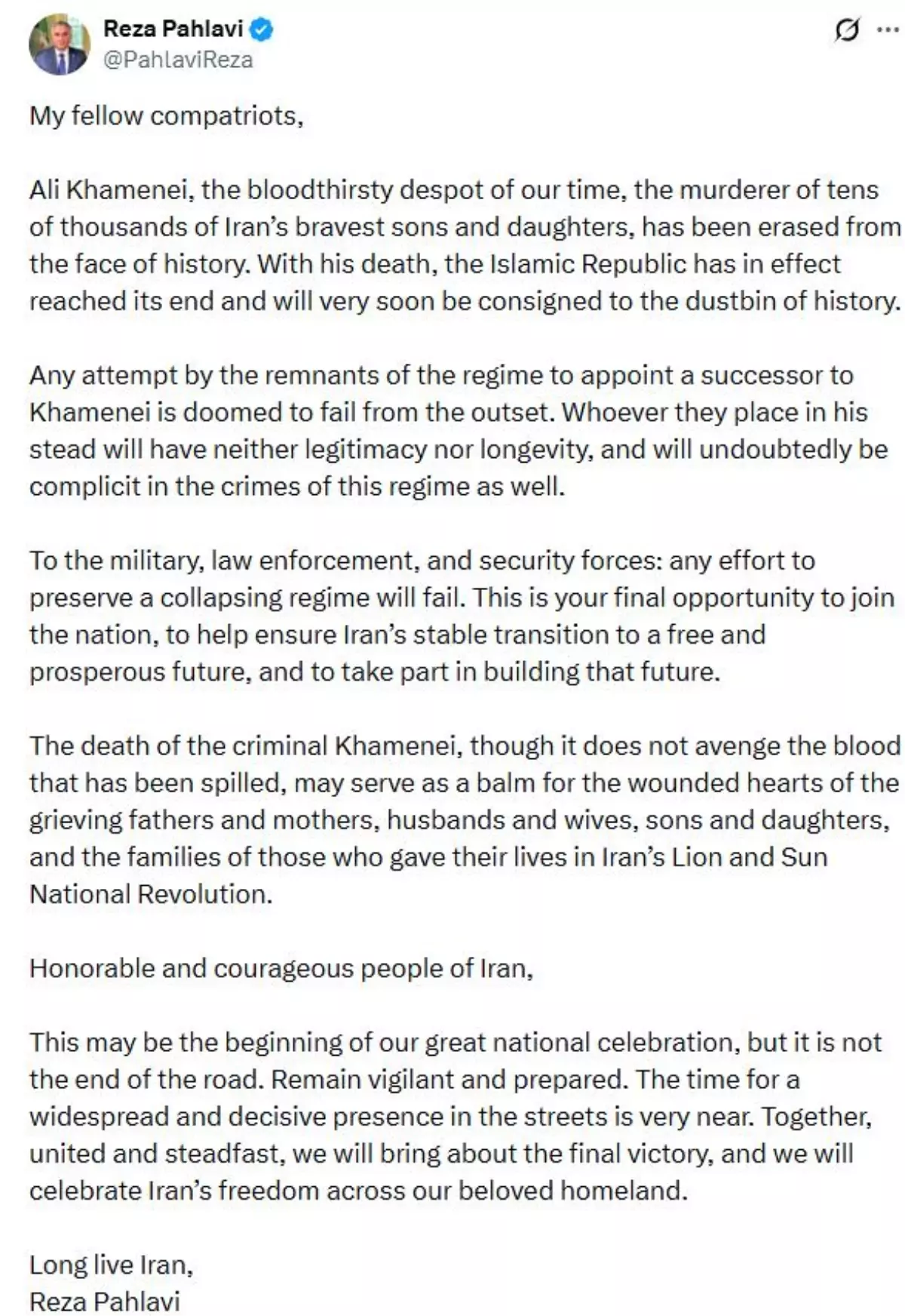 Sürgündeki Rıza Pehlevi: Hamaney\'in ölümüyle, İran rejimi fiilen sona erdi