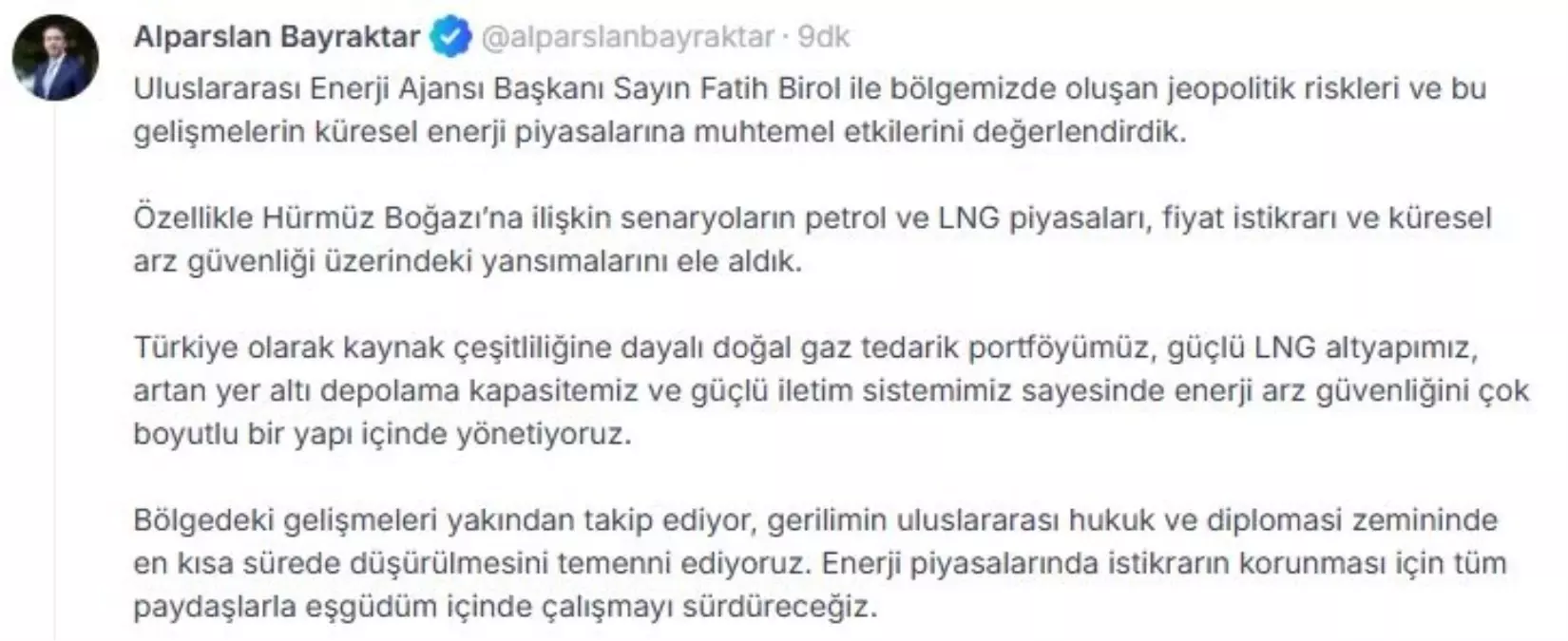 Enerji Bakanı Bayraktar\'dan Arz Güvenliği Vurgusu