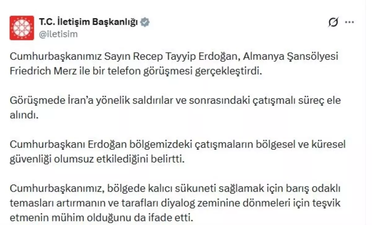 Cumhurbaşkanı Erdoğan\'dan Almanya Şansölyesi Merz ile Telefon Görüşmesi