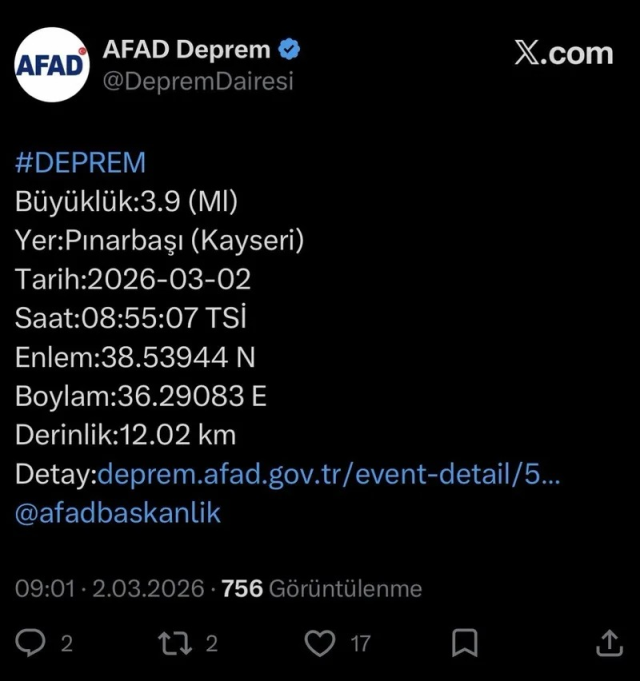 Kayseri'de deprem! AFAD büyüklüğünü açıkladı Kayseri'de deprem! AFAD büyüklüğünü açıkladı