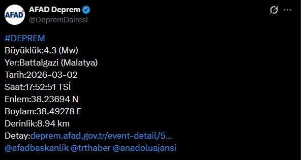Malatya'da 4.3 büyüklüğünde deprem Malatya'da 4.3 büyüklüğünde deprem