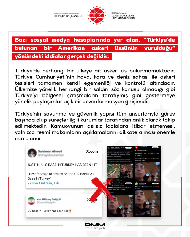 'Türkiye'deki ABD üssü vuruldu' iddiasına İletişim Başkanlığından jet yalanlama
