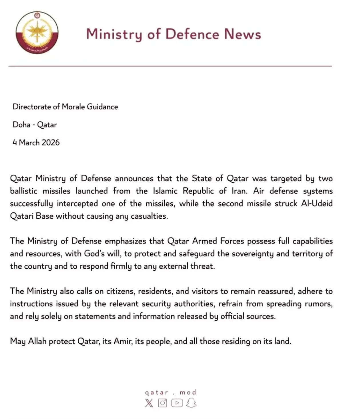 İran, Katar\'daki ABD üssünü balistik füzeyle vurdu