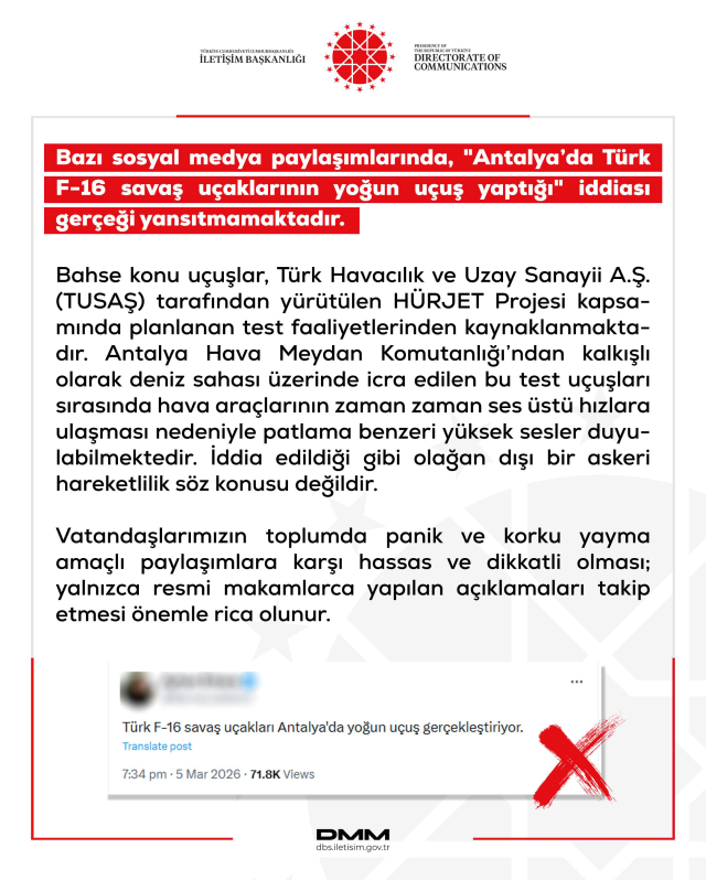 DMM'den 'Antalya'da Türk F-16 savaş uçaklarının yoğun uçuş yaptığı' iddiasına yalanlama