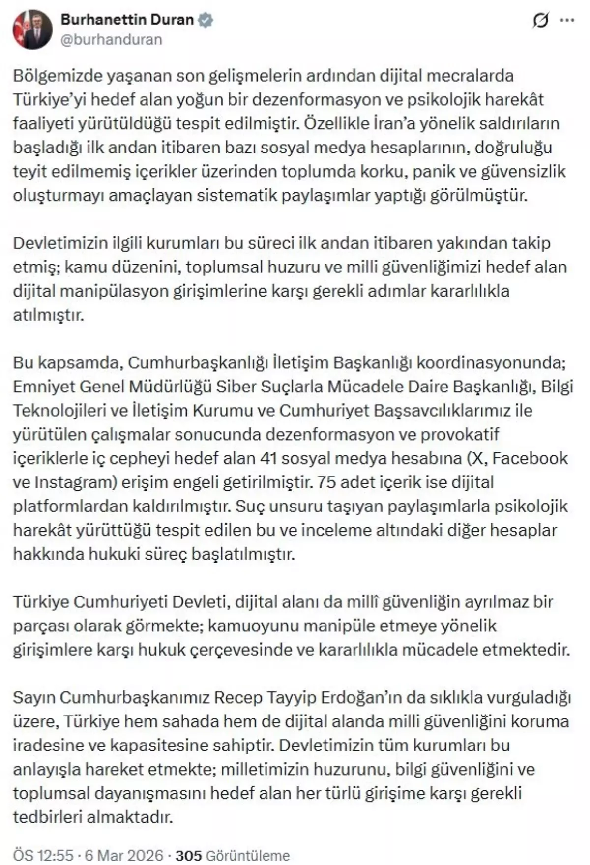 İletişim Başkanı Duran: Dezenformasyon içeren 41 hesaba erişim engeli getirildi