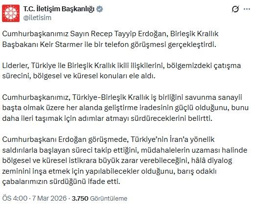 Erdoğan'dan İngiltere Başbakanı Starmer'a İran uyarısı