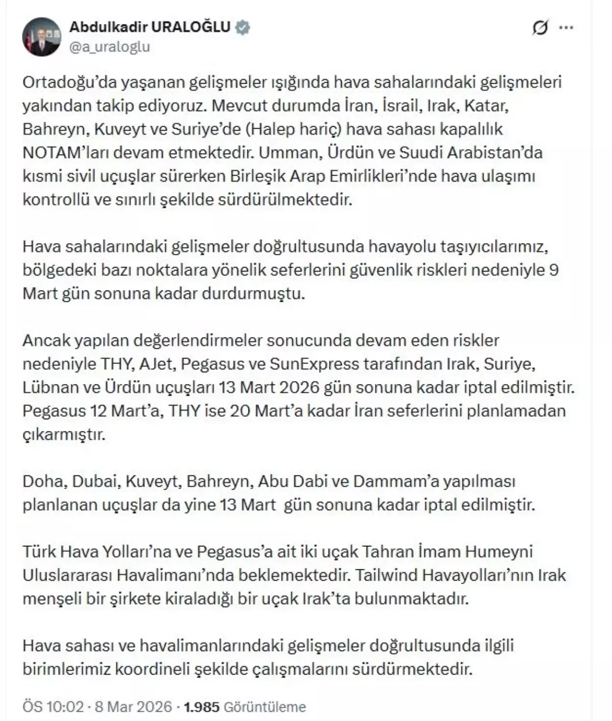 Orta Doğu Uçuşları İptal Edildi