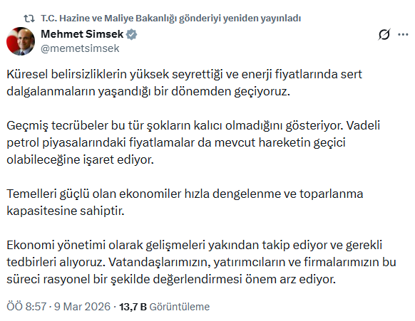 Bakan Şimşek'ten Küresel Piyasalar ve Enerji Fiyatlarına Dair Değerlendirme Bakan Şimşek'ten Küresel Piyasalar ve Enerji Fiyatlarına Dair Değerlendirme