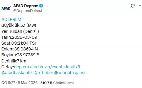 Denizli'de 4.1 büyüklüğünde deprem